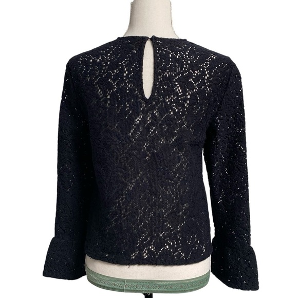 Zara Black Sheer Floral Crochet Lace Bell Sleeve Blouse M Night Out - Picture 11 of 12